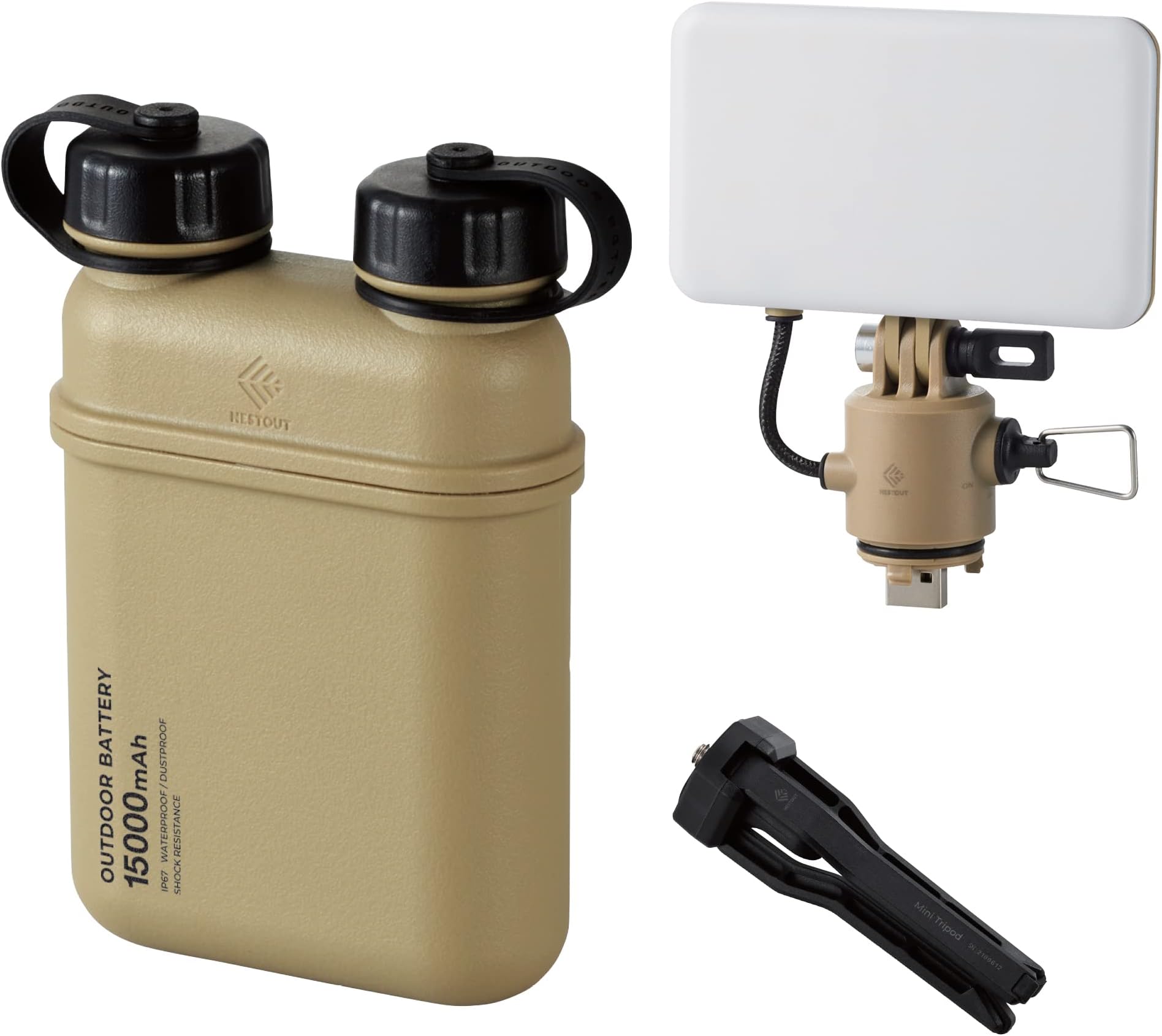 NESTOUT Portable Charger and LED Flash Light, 15000mAh Outdoor Battery Power Bank, 32W USB-C Fast Charging PD, Battery and Light for Camping, 1000 Lumen LED Bright Light Flash-1 - Beige