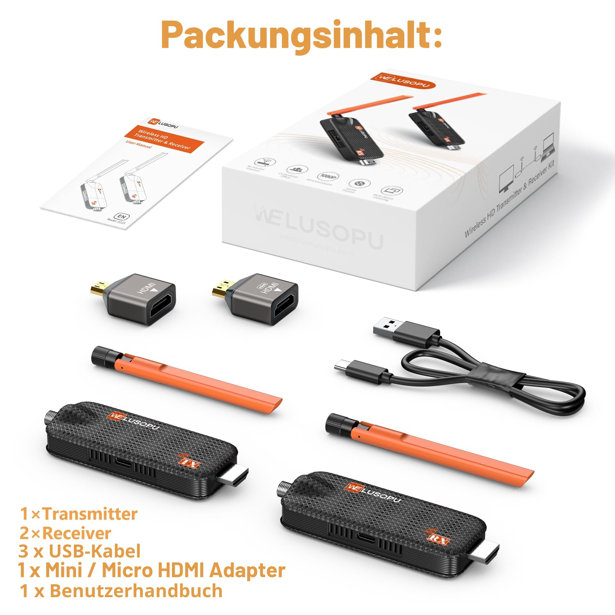 2026 Wireless HDMI Transmitter and 2 Receivers 4K Decoding, bis zu 6 RX, HDMI Funkübertragung 5GHz /1080P Funk Extender mit APP-Anzeige, Streaming Video für Laptop, TV Box, CC-TV zu TV, Projektor, 50M