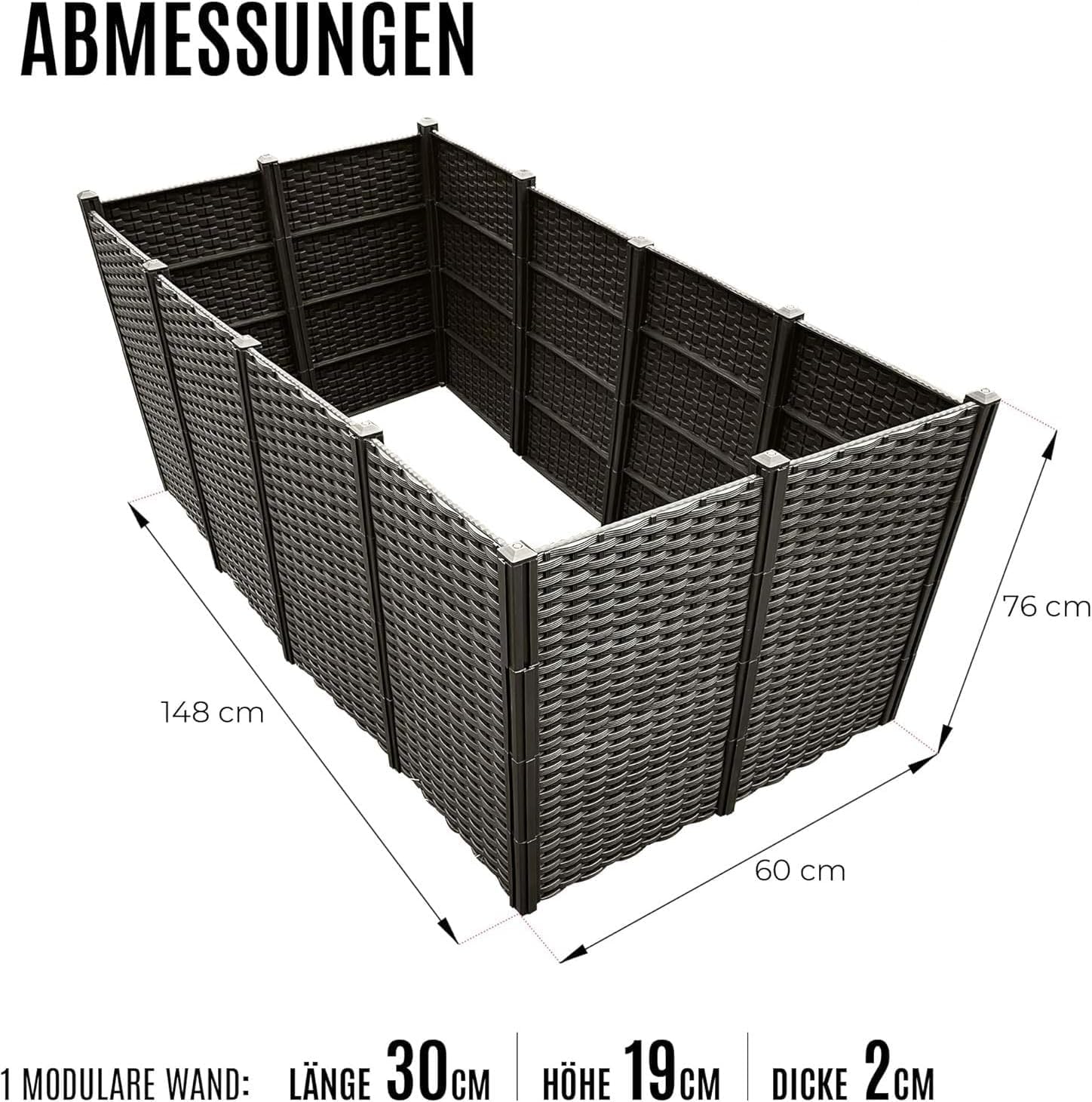 WIELS® Modulares Hochbeet für Garten, Rattan-Optik, 148 x 76 x 60 cm, Schwarz - Dunkelbraun, Pflanzbeet Frühbeet Gartenbeet Gemüsebeet Blumenbeet Kunststoff Plastik HDPE