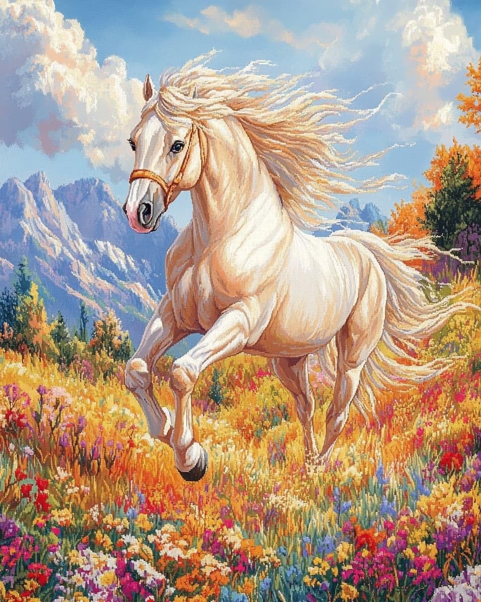 WallustrioaW DIY 11CT Stamped Cross Stitch Kits for Beginners,Galloping Horse,Easy Embroidery Counted Cross Stitch Art Craft for Wall Decoration,40x50cm
