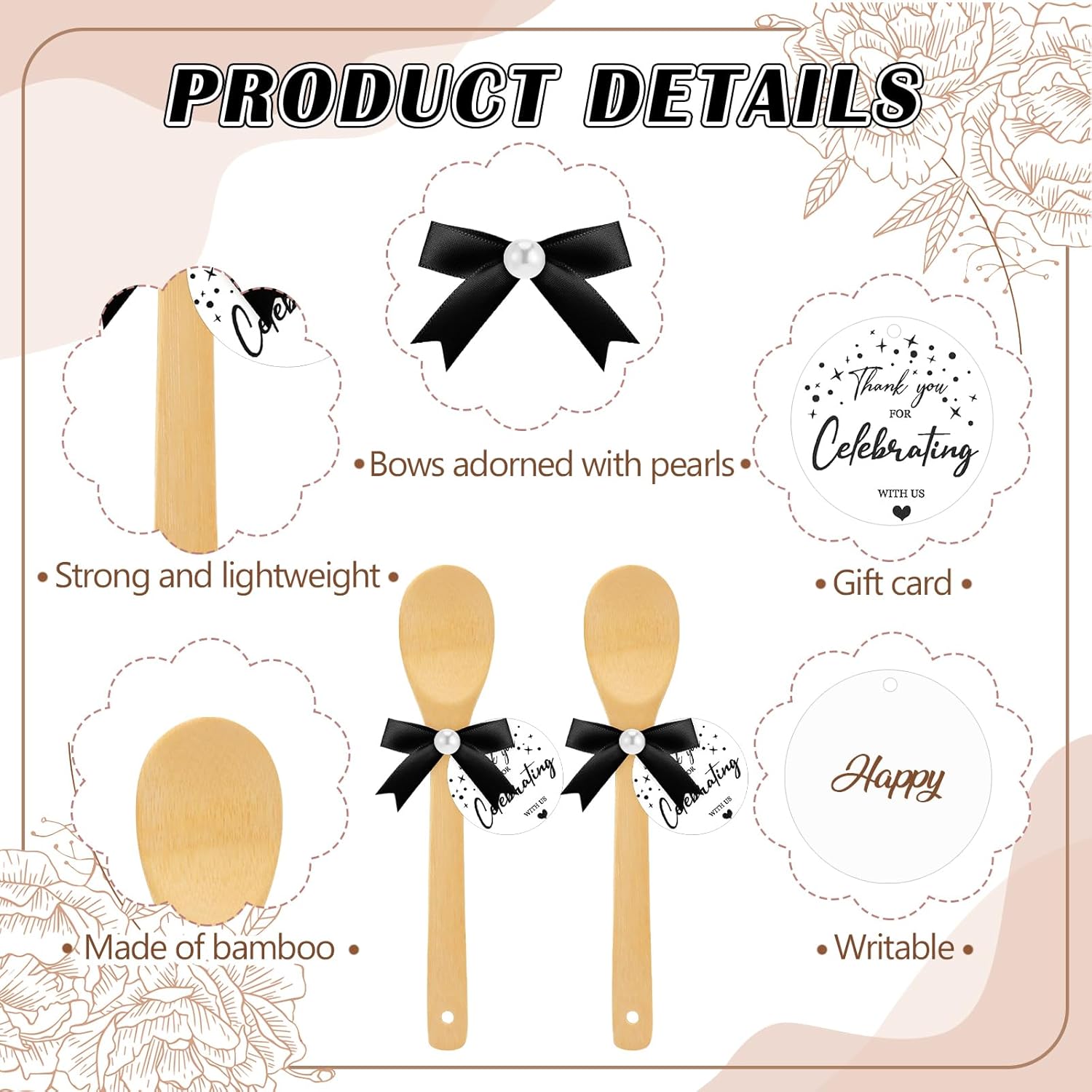 36 Set Bridal Shower Party Favors Bamboo Wooden Spoons with Bow and Tags Kitchen Utensils Wedding Favors Gift for Bridal Shower Prizes Guests Party Table Decoration(Black Star,Black Ribbon)