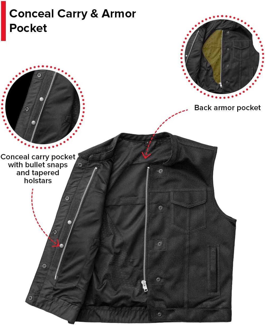 First Mfg Co Sharp Shooter Men's Motorcycle leather Vest - Classic Black Leather, Banded Collar, Covered Snaps