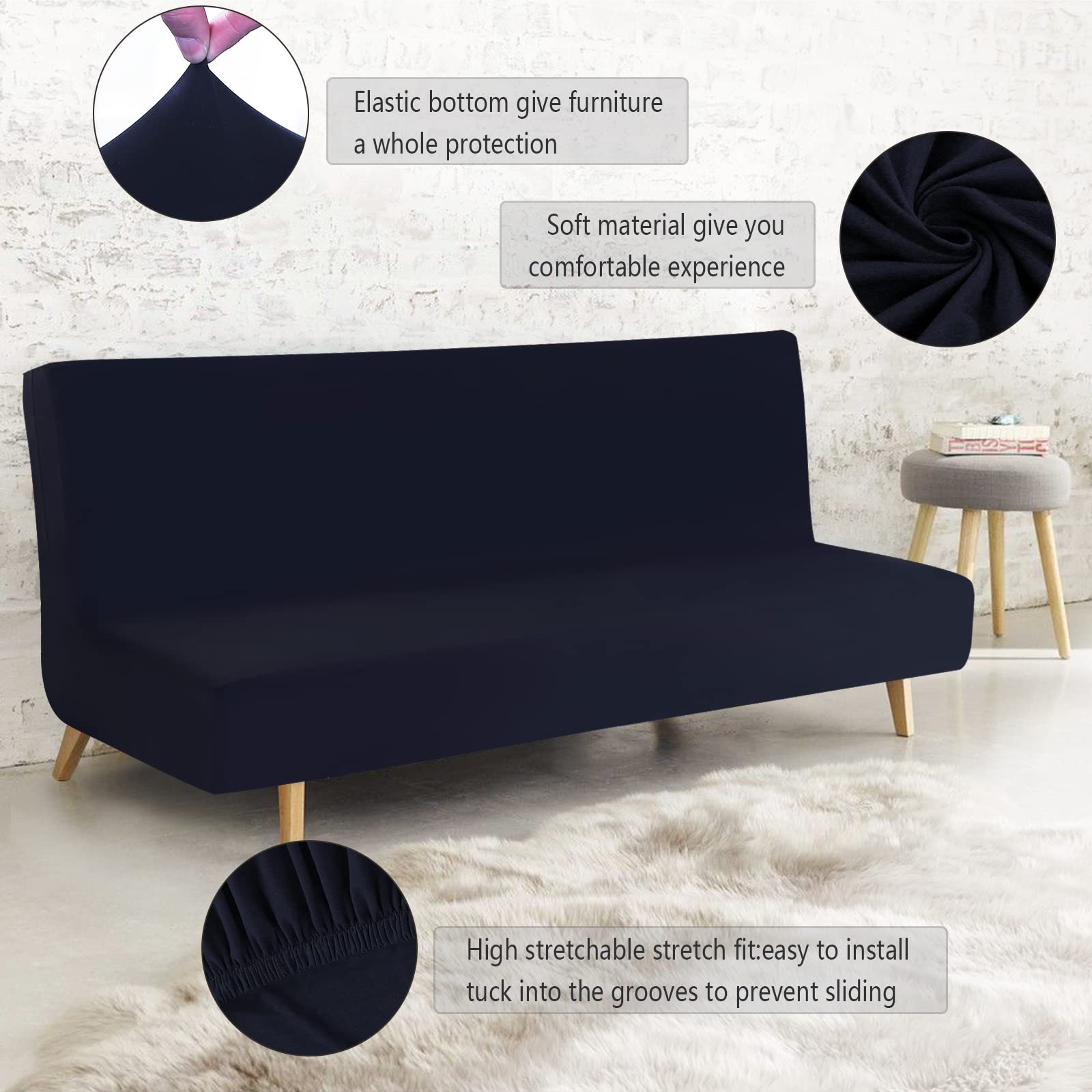 FIGOOO Copridivano senza Braccioli 3 Posti Elasticizzato Copridivano Letto Pieghevole Universale Lavabile Spandex Fodera per Futon a Tinta Unita Coperture Divano Clic Clac per Soggiorno Casa,Nero