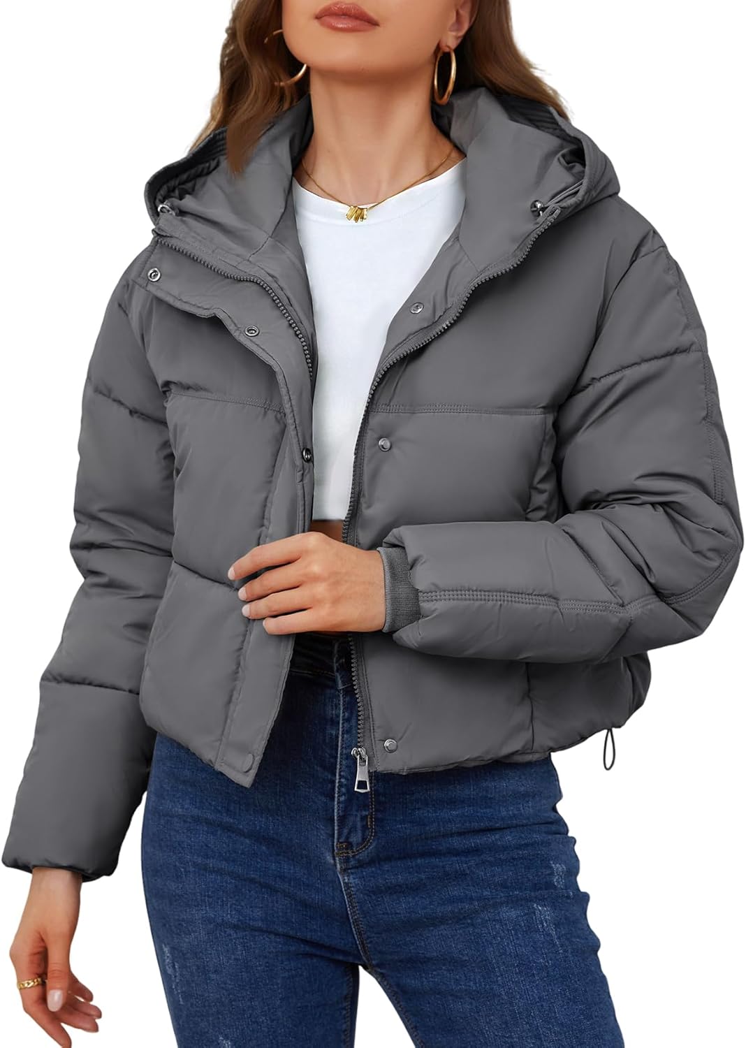 Yimoon Womens Winter Cropped Puffer Jacket Hooded Zip Up Short Warm Quilted Puffer Coat Outerwear