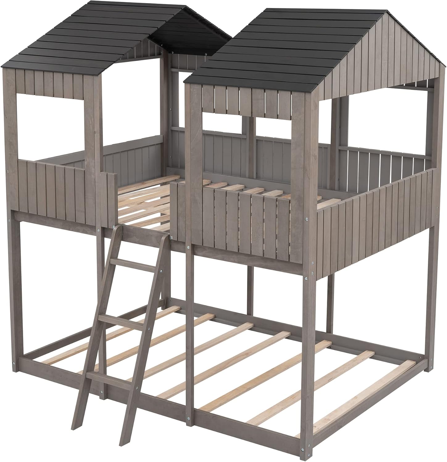 Ball & Cast Full Over Full Size Playhouse Bunk Bed with Roof and Window,Wood Bunkbed w/Full-Length Guard Rail & Ladder,Slat Support,Space Saving,Bedroom Furniture for Student Dorms,Antique Gray