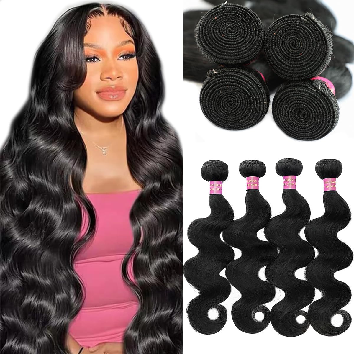 Human Hair Bundles 20 22 24 26 Inch 12A Body Wave Bundles Human Hair 100% Unprocessed Brazilian Virgin Hair 4 Bundles Human Hair Body Wave Human Hair Extensions Natural Black