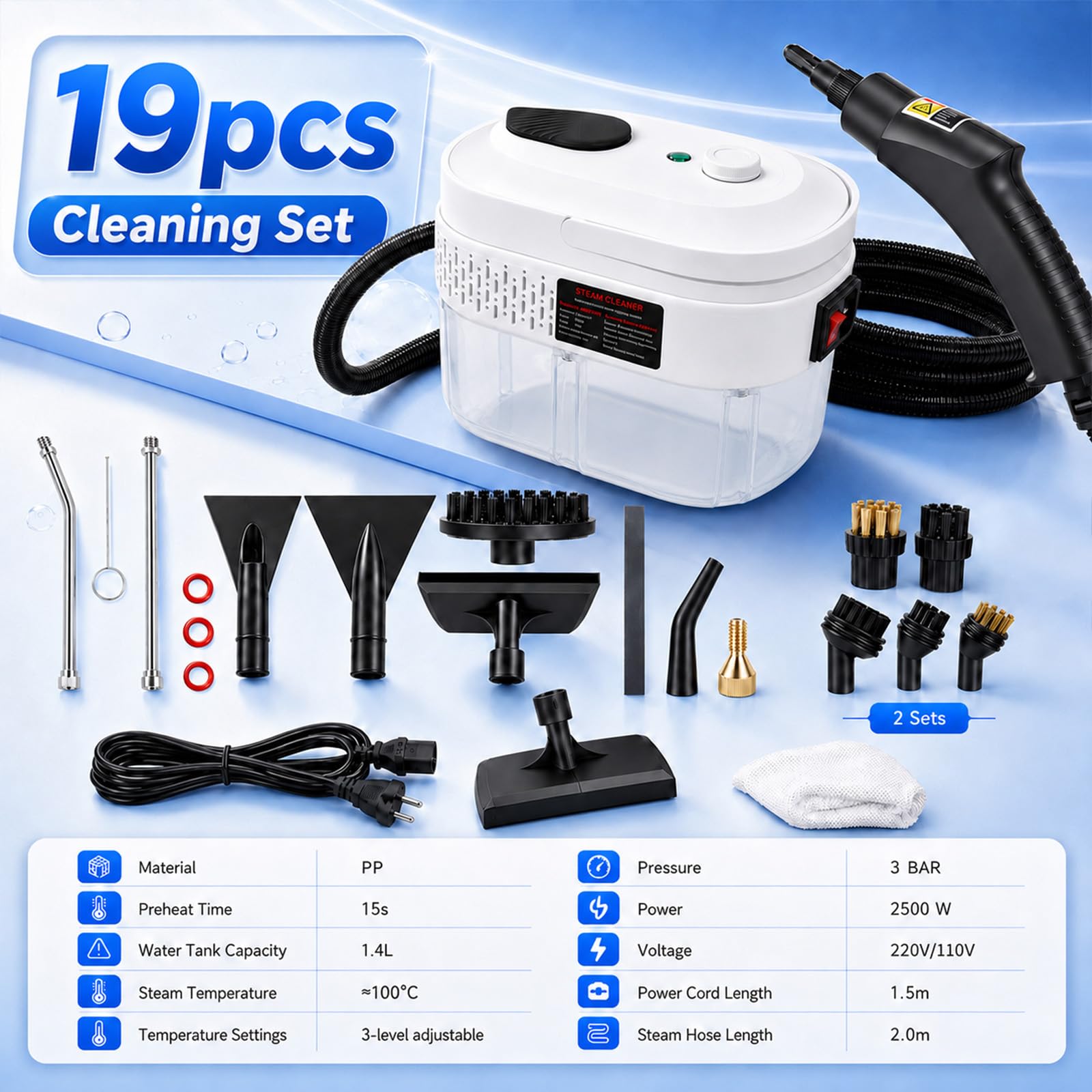 Limpiador Vapor 19 en 1 con 3 Bares y 2500W, Vaporeta de Mano con Calentamiento, Depósito 1.4L y Manguera 2m, Limpiadora a Vapor para Cocina, Baño, Suelos, Coches – sin Químicos