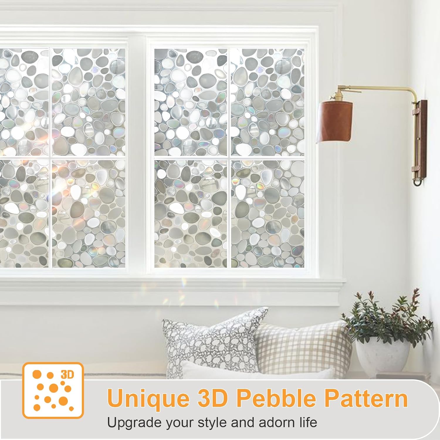 Window Privacy Film, Stained Glass Window Films, 3D Pebble Rainbow Windows Cling Decorative Decals, Sun Blocking Windows Stickers Static Cling Door Covering (23.6" x 78.7")