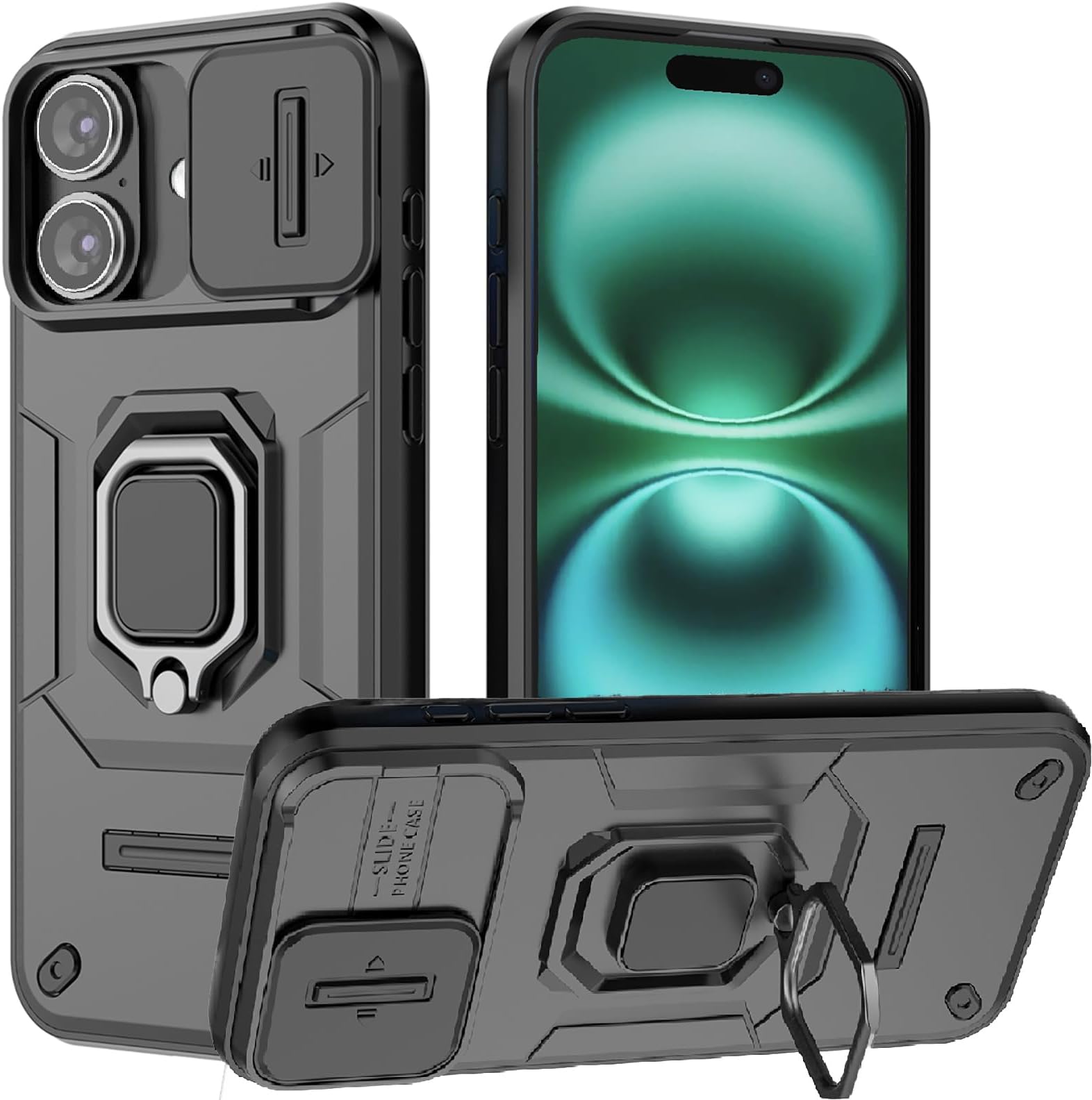 Lumobrilla for iPhone 16 Plus Case with Stand Phone Cover,Black