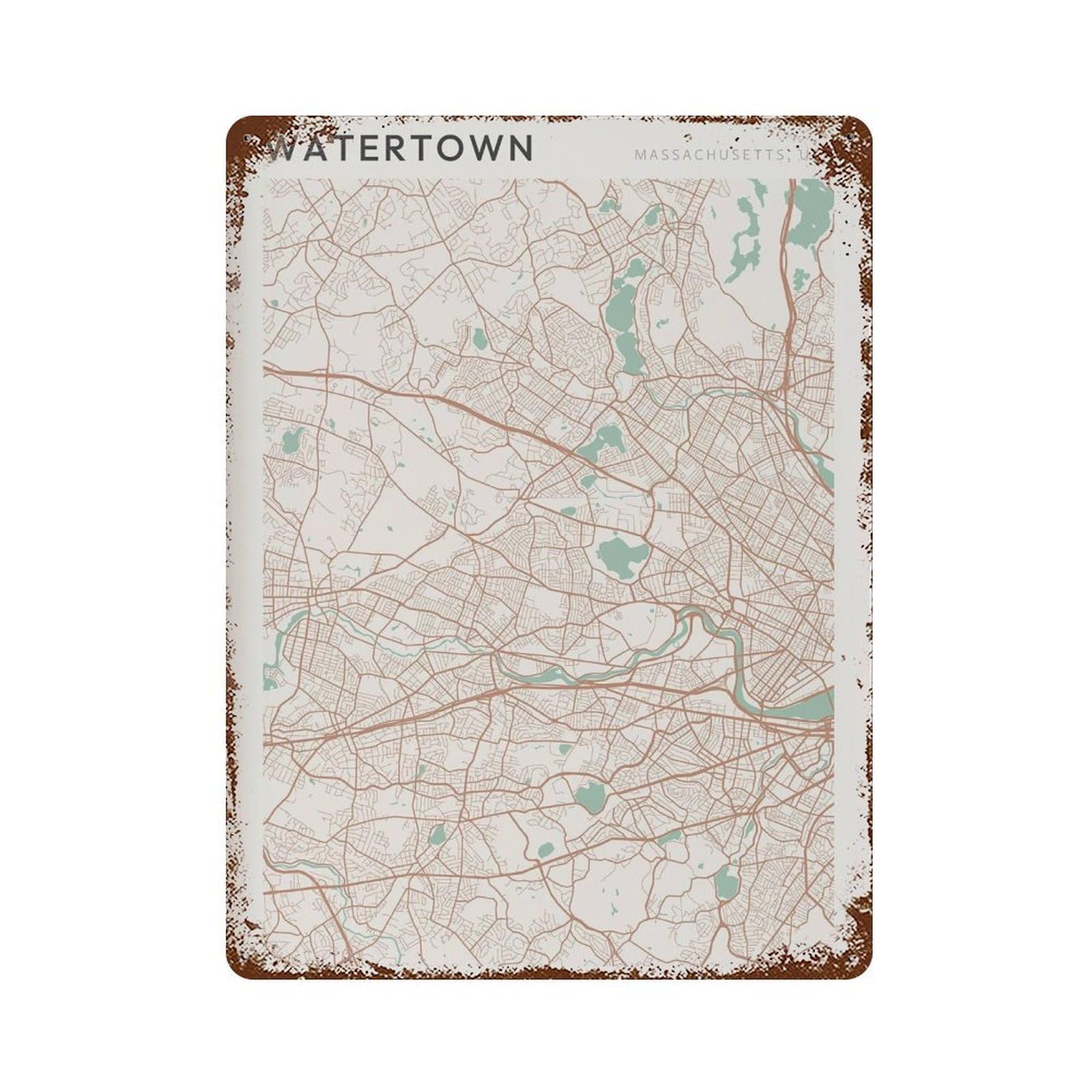 xiaoxiaoshen Watertown Map Massachusetts Travel Gift Minimalist Wall Decor Art Metal Tin Poster Modern Home Decor Art Home Bar Shop Decorations Vintage Sign 40x30cm