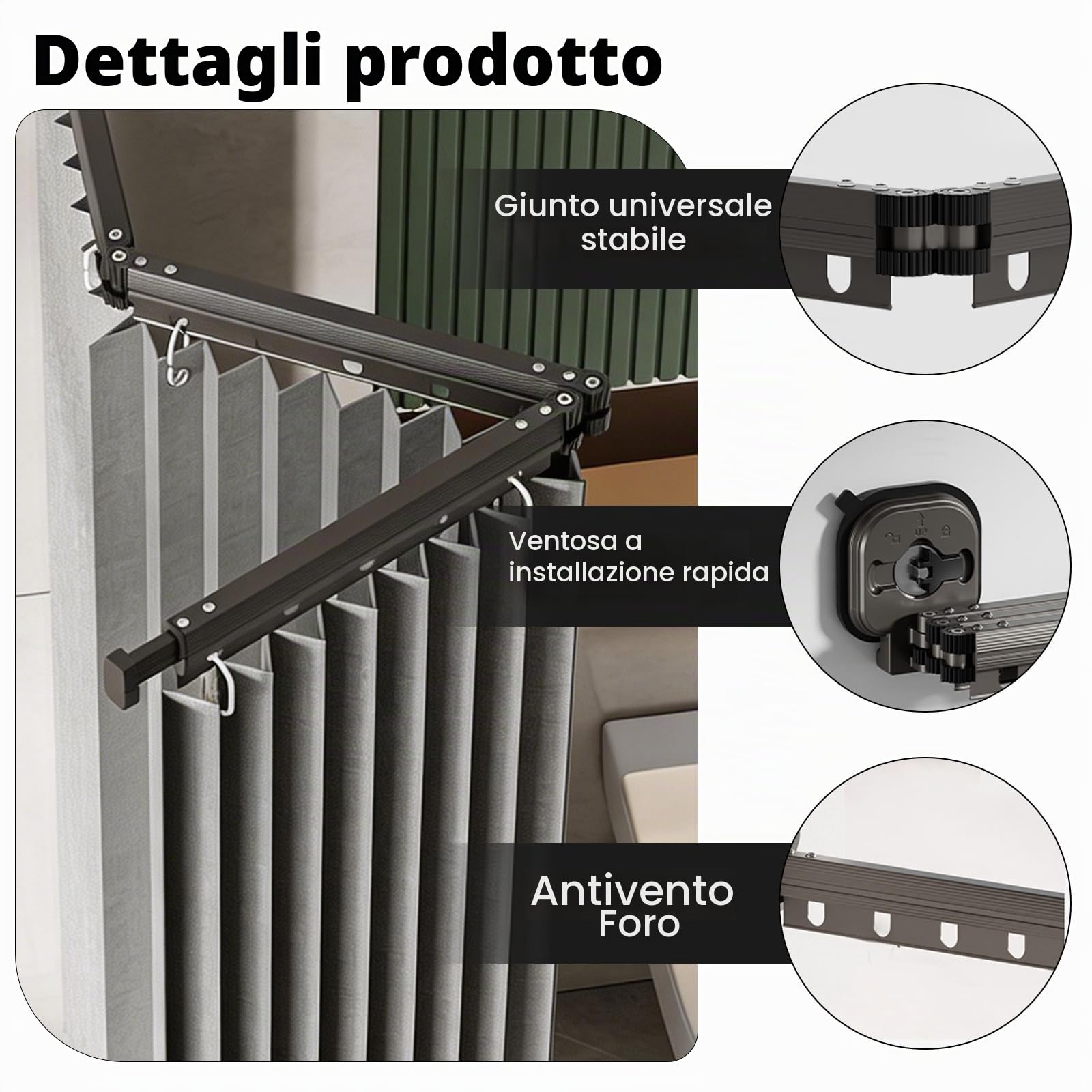 Tenda da doccia con asta, montaggio a parete, asta pieghevole, impermeabile, lavabile, per doccia angolare (versione a ventosa)