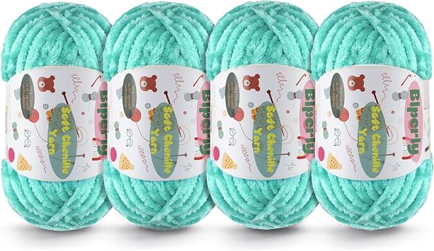 4 Skeins Fluffy Chenille Yarn for Crocheting - Chunky Velvet Yarn for Scarves Shawls, Baby Blankets, Hats Plush Toys, Plush Yarns Each Skein 49.2yd, 3.5oz Mint Green