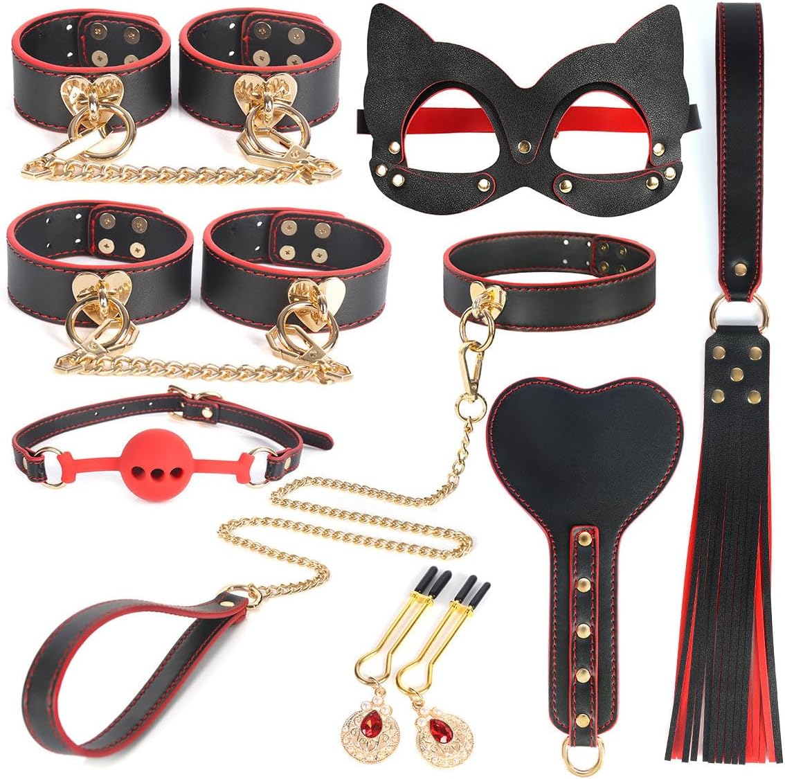 Sex Bondage Kits, BDSM Restraint Toys 8 Pcs, Handcuffs, Ankle, Cuffs, Clamps, Ball Gag, Blindfold, Rope, Leather, Restraints Set, SM Beginner Role Play Toy, BDSM Kits (Black-8PCS)