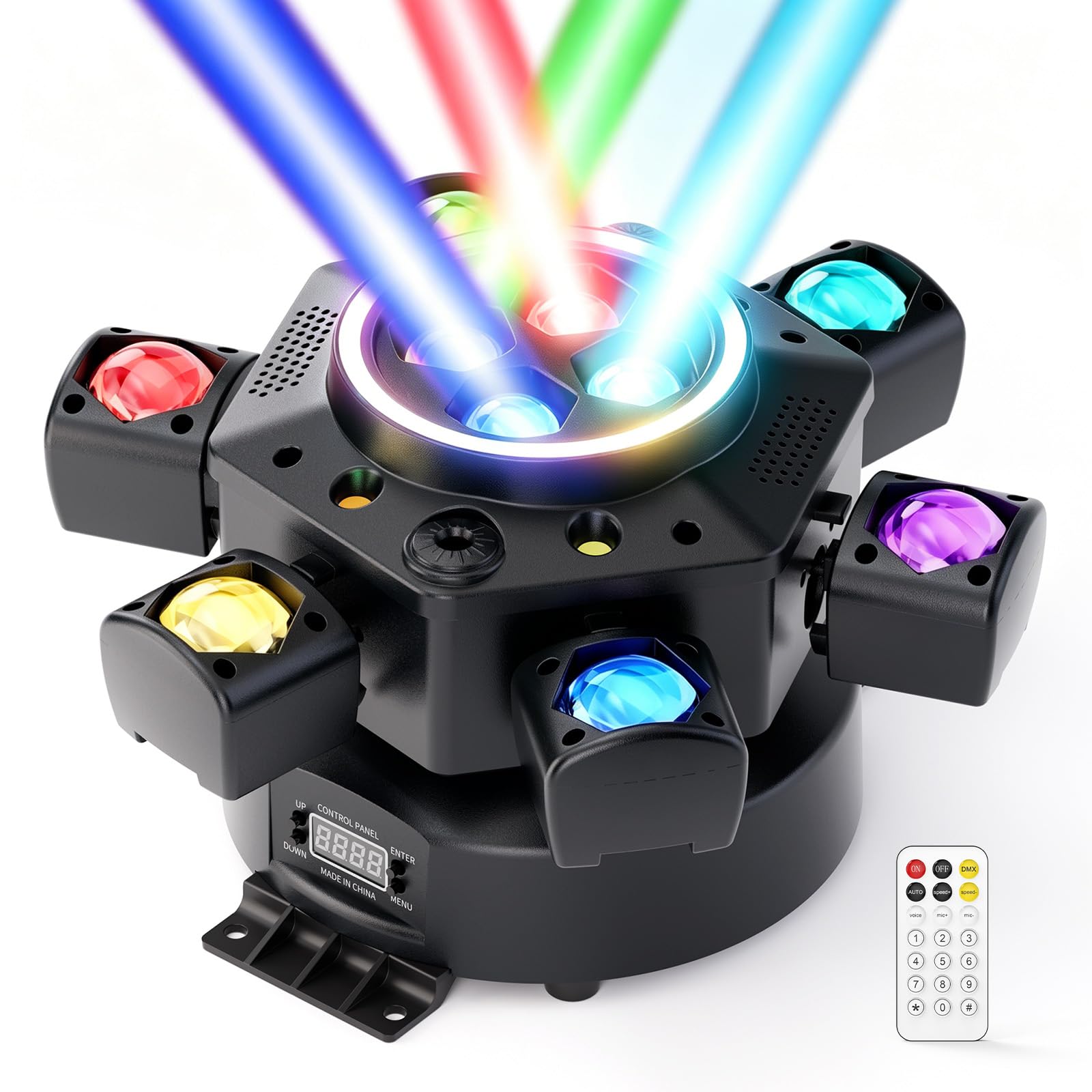 180W Cabeza Móvil RGBW LED Beam Moving Head con Control Remoto,6 Brazos DMX512 Luz DJ Escenario,Luz Discoteca Focos de Efecto para Fiesta Club Bar Boda Halloween Iluminación de Escenario