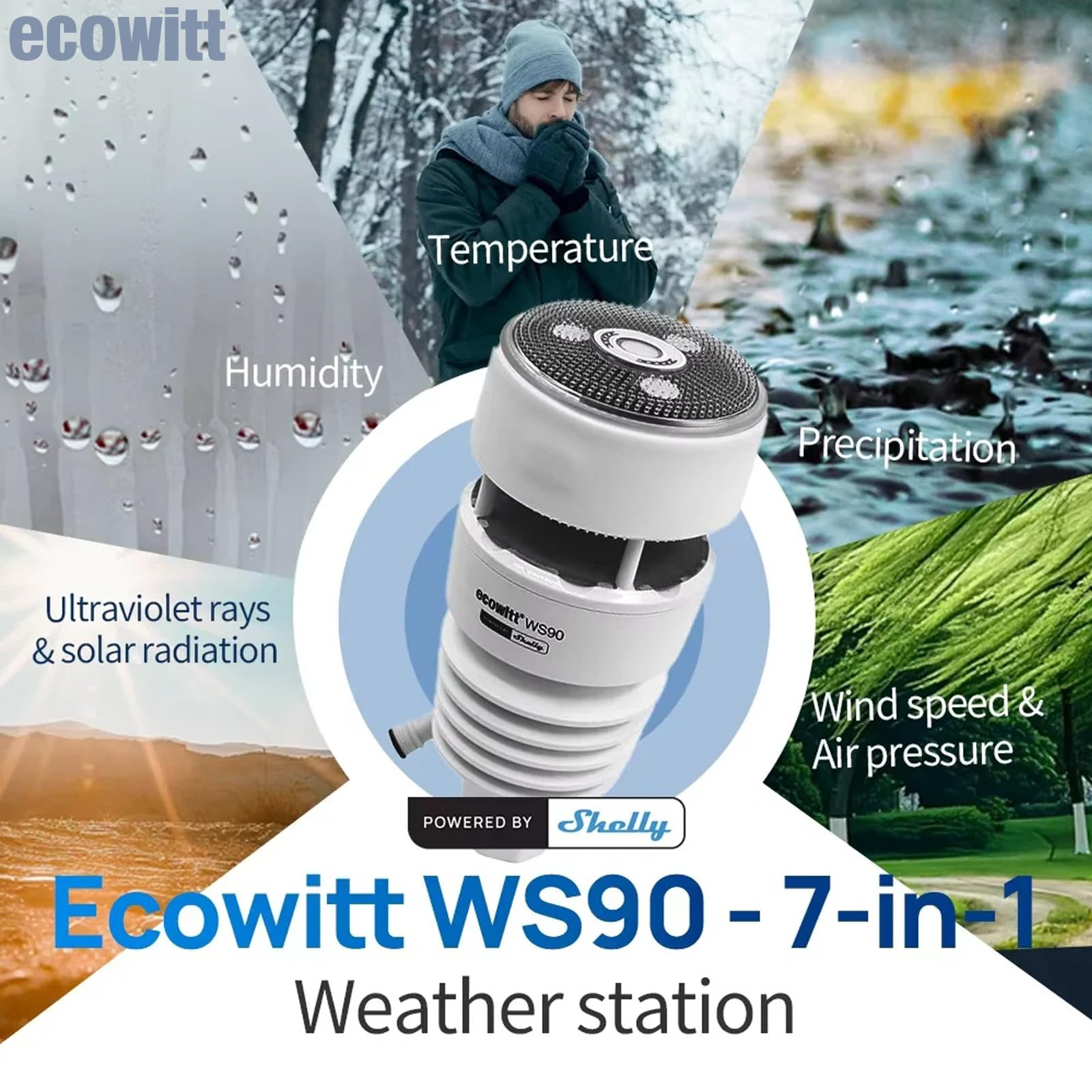 ECOWITT WS90 7-w-1 bezprzewodowy czujnik zewnętrzny do stacji pogodowej, zasilany energią słoneczną, wersja Bluetooth, kompatybilny z bramką Shelly Gateway