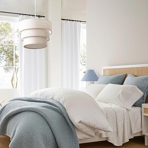 Miniatura 5 de Candelabro de tambor de lino de 3 niveles, lámpara colgante de techo moderna E26, lámpara colgante redonda ajustable para dormitorio, sala de estar,