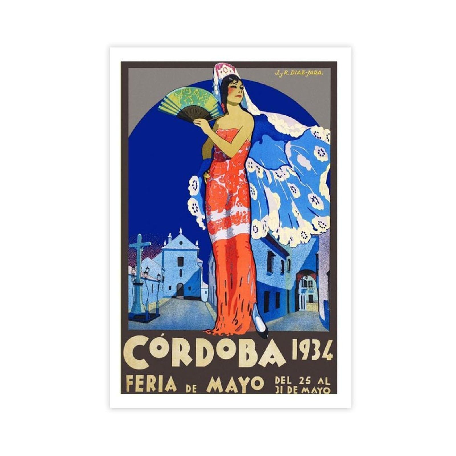 QIENAZIO Poster vintage su tela, motivo: Cordoba May Festival, Spagna del 1934, decorazione artistica da parete, per soggiorno e camera da letto, 50 x 75 cm