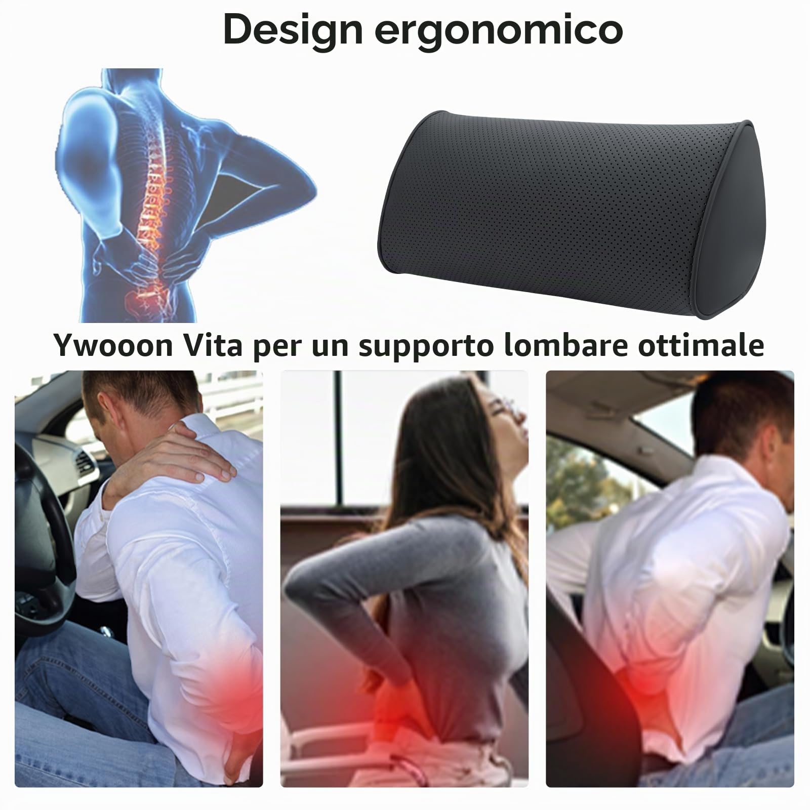 Cuscino Lombare Auto, Cuscino Lombare Ergonomico, Supporto per la Schiena in Schiuma di Memoria per Seggiolino Auto, Sedia da Ufficio, Nero
