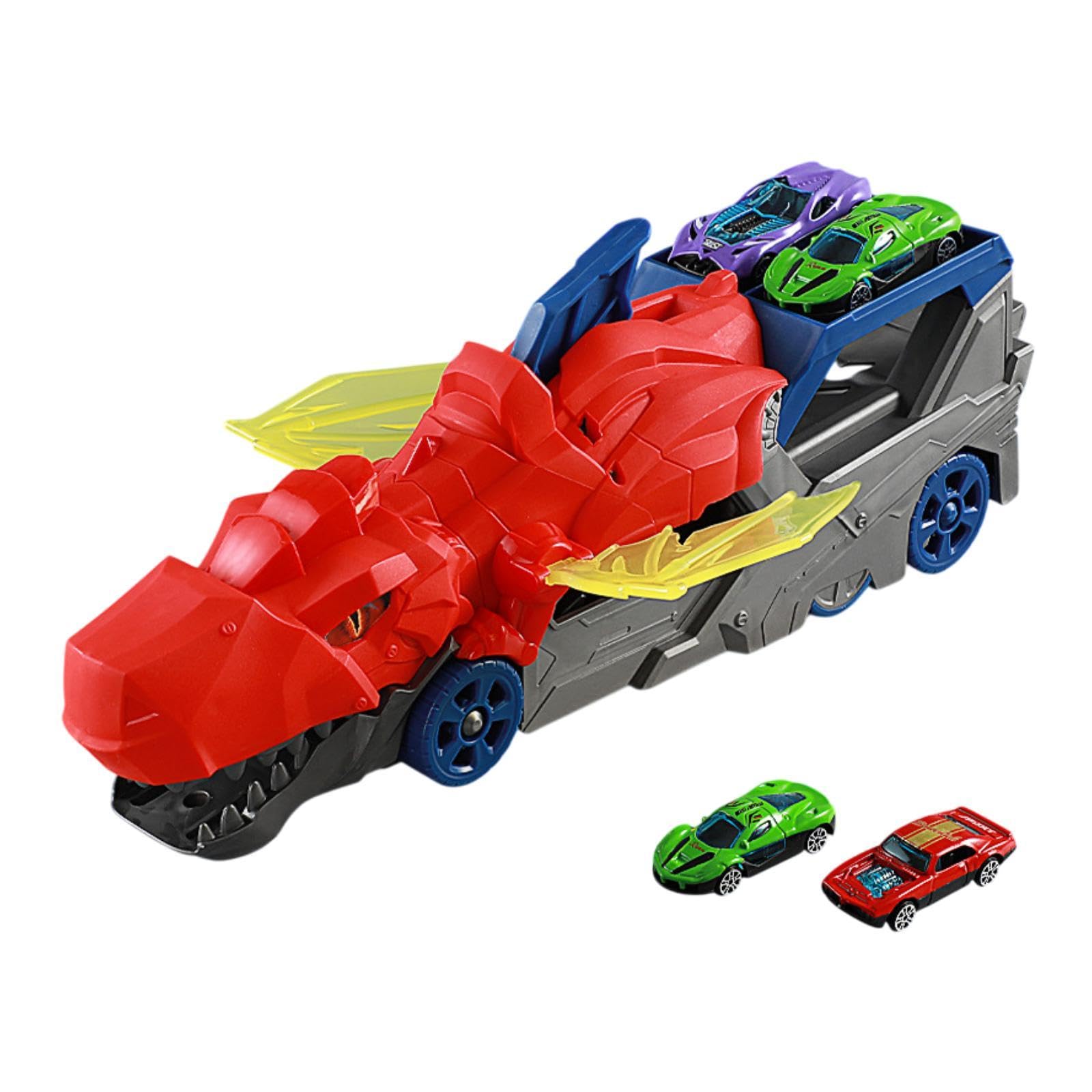 2 Pezzi Dinosaur Transport Truck Pista Veicolo Lanciatore Trasportatore Die-Cast E Camion Carrier Funzione Bocca Apribile Mobili, Rosso con 2 Auto