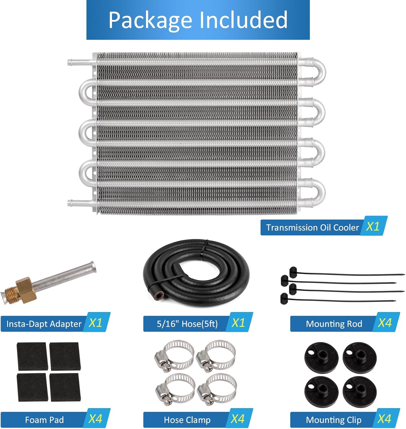 Transmission Oil Cooler 8 Pass Aluminium,5/16" Universal 8 Rows Tube amd Fin Cooler Kit Engine with Hose Mounting,Compatible with Ford, Chevrolet &Dodge Ram (8 Pass Sliver)