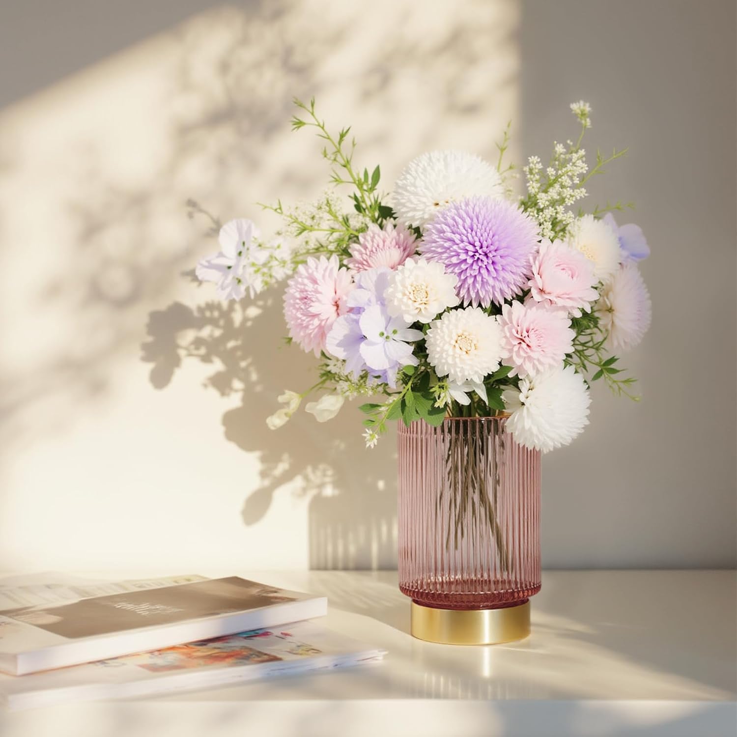 Makeup Brush holder Organizer, Crystal Glass Toothbrush Holders, Striped Make Up Brush Holder for Vanity, Pen Holder for Desk, Vase -Pink (S+L)