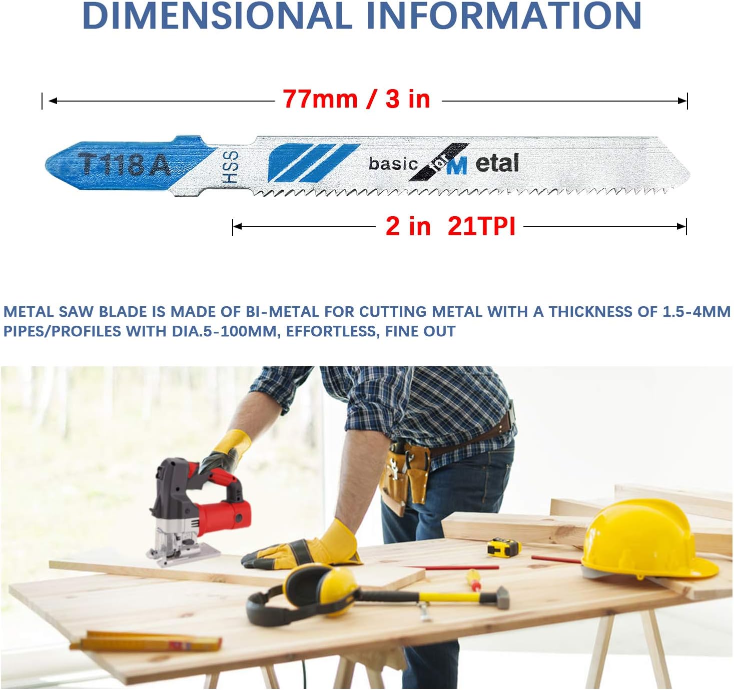 TAROSE 10-Piece T118A 3 Inch 21 TPI Assorted T-Shank Jig Saw Blades Set for Cutting Metal