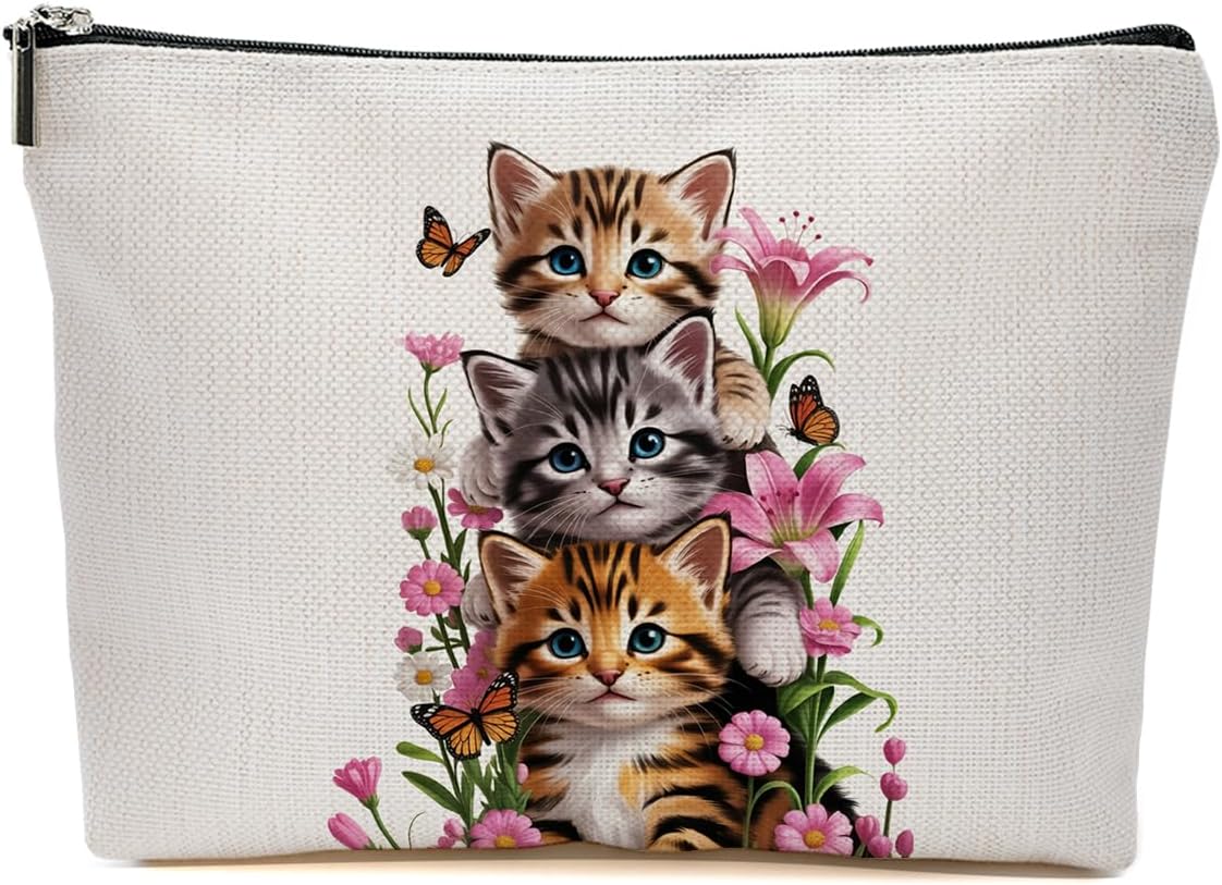 Cat Gifts for Women Bookshelf Makeup Bag, Cats Floral Themed Cosmetic Bags