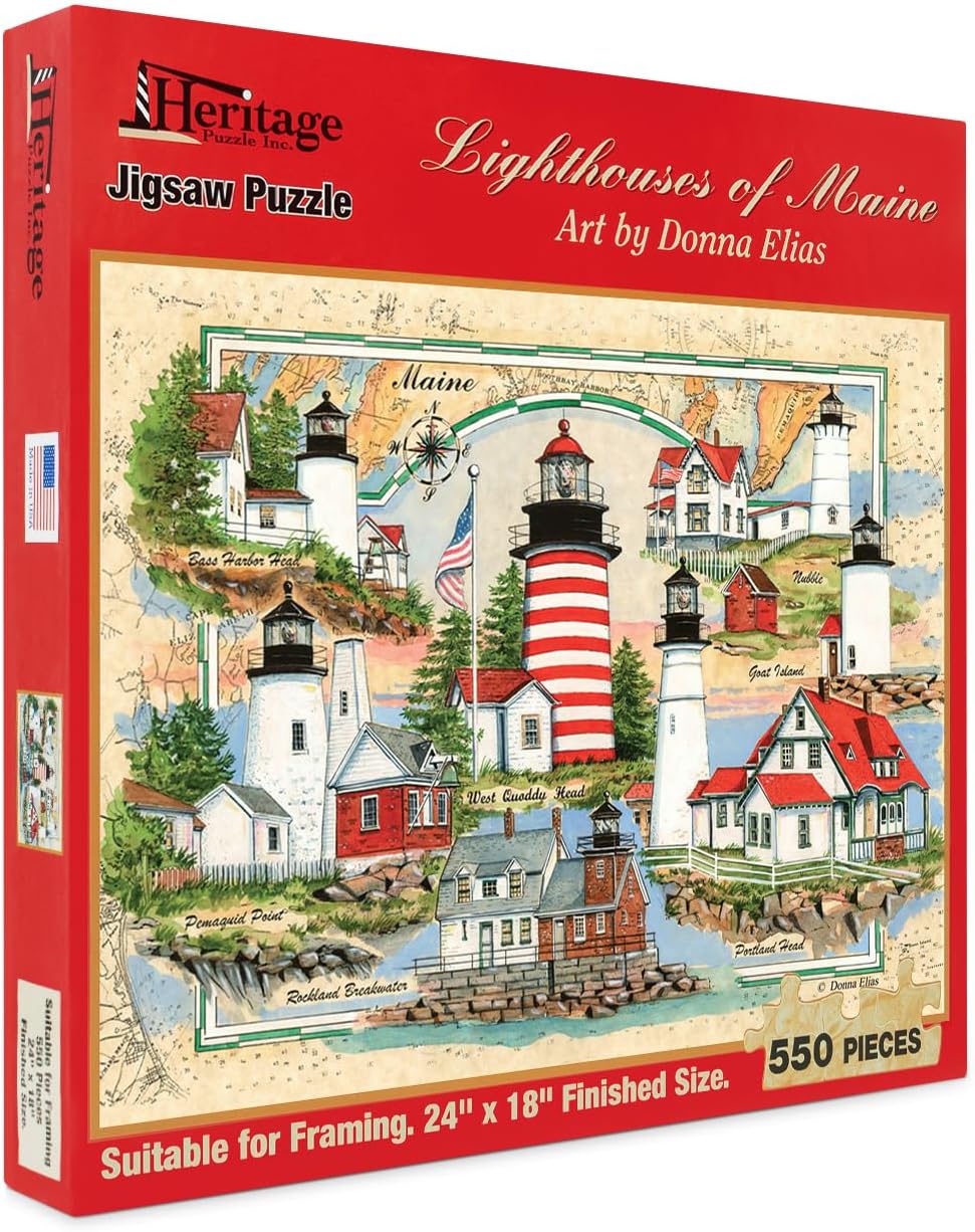Heritage Puzzle Lighthouses of Maine Jigsaw Puzzles for Adults 550 Pieces, 24"" x 18"" - Coastal Landmark Collage with Nautical Chartmap - Scenic Lighthouse Art by Donna Elias Made in U.S.A.