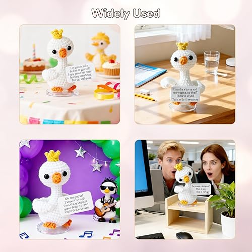 Vista 5 de MHRYEZ Ganso de escritorio posable de 3.5 pulgadas, animales de ganchillo positivos con mensajes positivos, mini ganso de escritorio divertidos