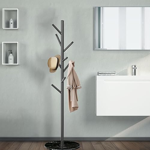 Miniatura 7 de Perchero con base de mármol natural, perchero independiente de metal, perchero de acero inoxidable con 8 ganchos para colgar bufandas, bolsos,