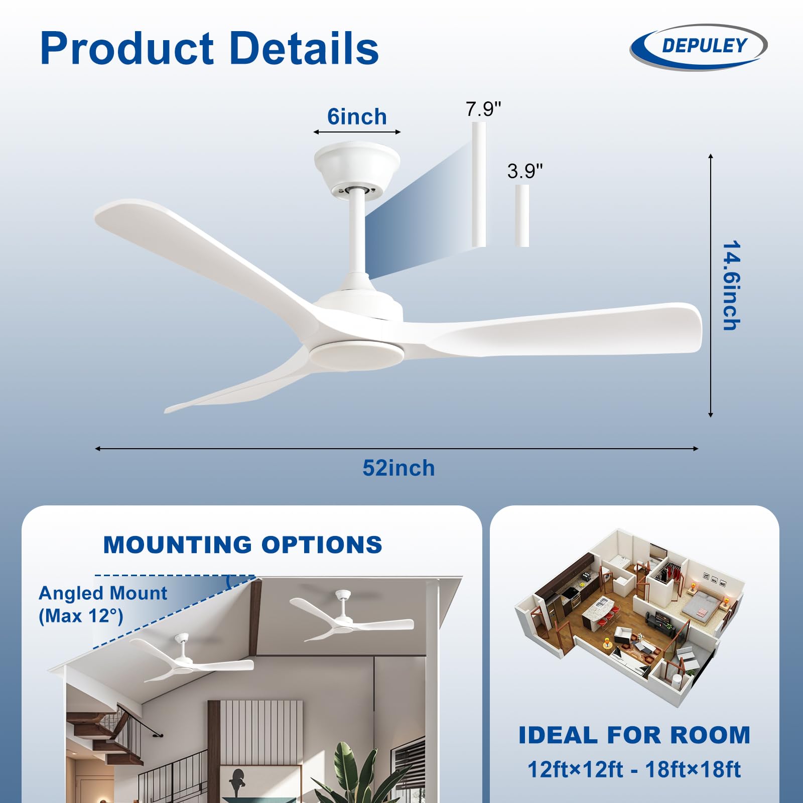Depuley Ventilador de techo sin luz: Ventilador de exterior de 52 pulgadas con control remoto por aplicación para porches y terrazas - Ventilador de techo blanco sin luz, reversible, 6 velocidades