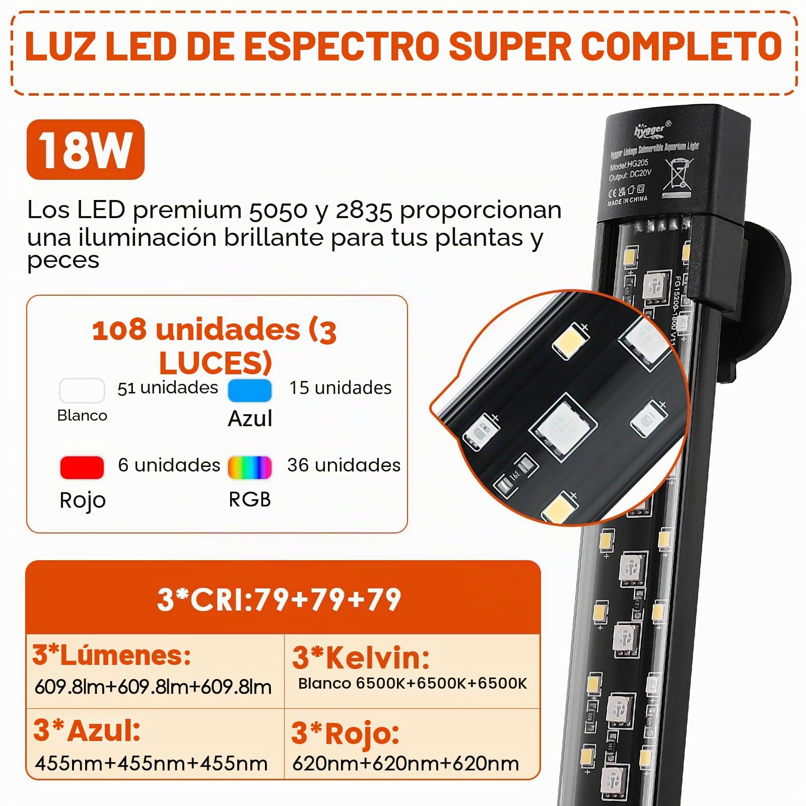 hygger Iluminación sumergible para acuario de tres canales, 18 W Full Spectrum LED con 7 colores y brillo ajustable, con tres filas de perlas para tanques de 60 – 180 L (3)