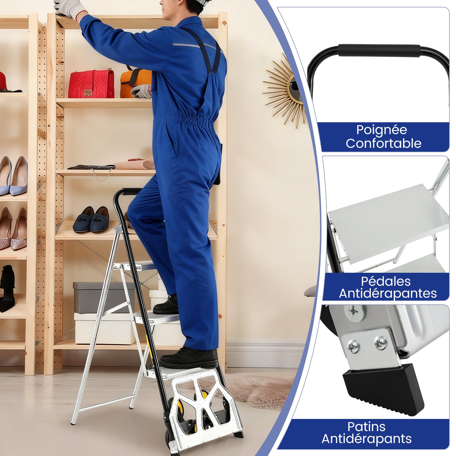 COSTWAY Diable Pliable et Échelle 2 en 1, Escabeau en Aluminium à 3 Marches avec Pédales Antidérapantes, Chariot Portable avec Roues en Caoutchouc pour Maison, Entrepôt, Bureau, Charge 250 kg