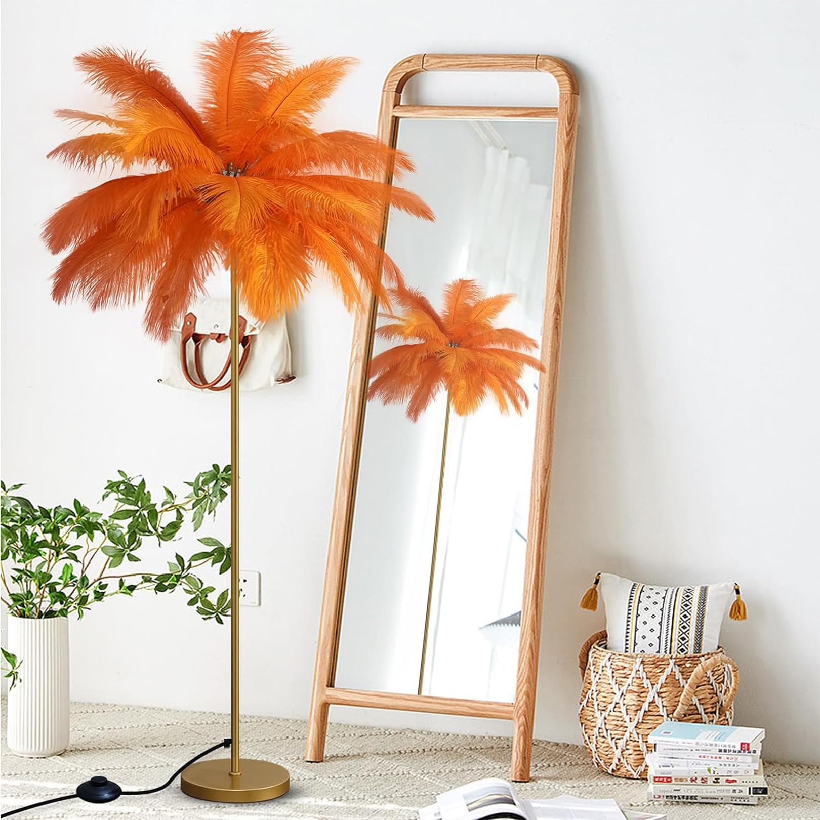 Lampadaire en plumes d'autruche orange avec 6 ampoules G4 pour le salon