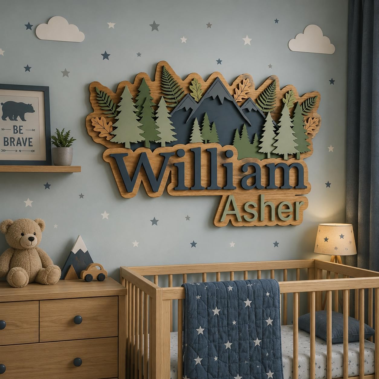 Personalized Woodland Nursery Name Sign Custom Wooden Baby Wall Decor Mountain Forest Room Name Art for Boy, Forest Signs for Nursery Room Decor, Gifts for New Parents