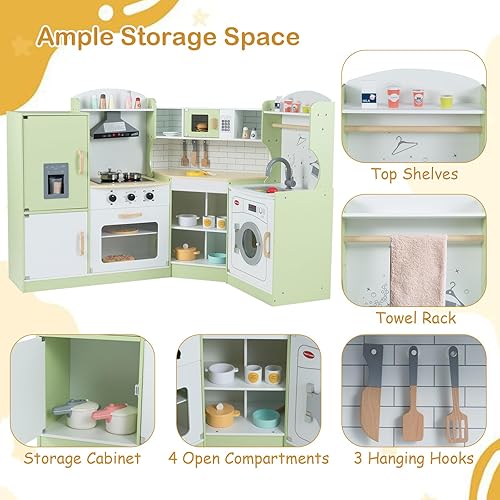 Miniatura 6 de Juego de cocina de juguete de esquina con juego de chef, juego de cocina para niños pequeños con máquina de hielo, lavadora, microondas, fregadero,