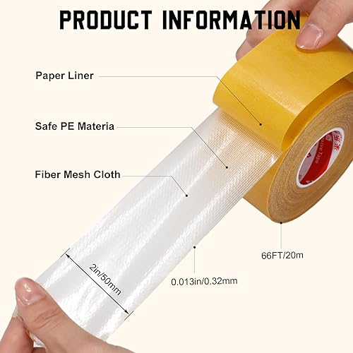 Miniatura 4 de 4 rollos de cinta de tela de doble cara de 2 pulgadas x 66 pies (65.6 ft) cinta de malla transparente con fibra fácil de quitar, cinta de adherencia