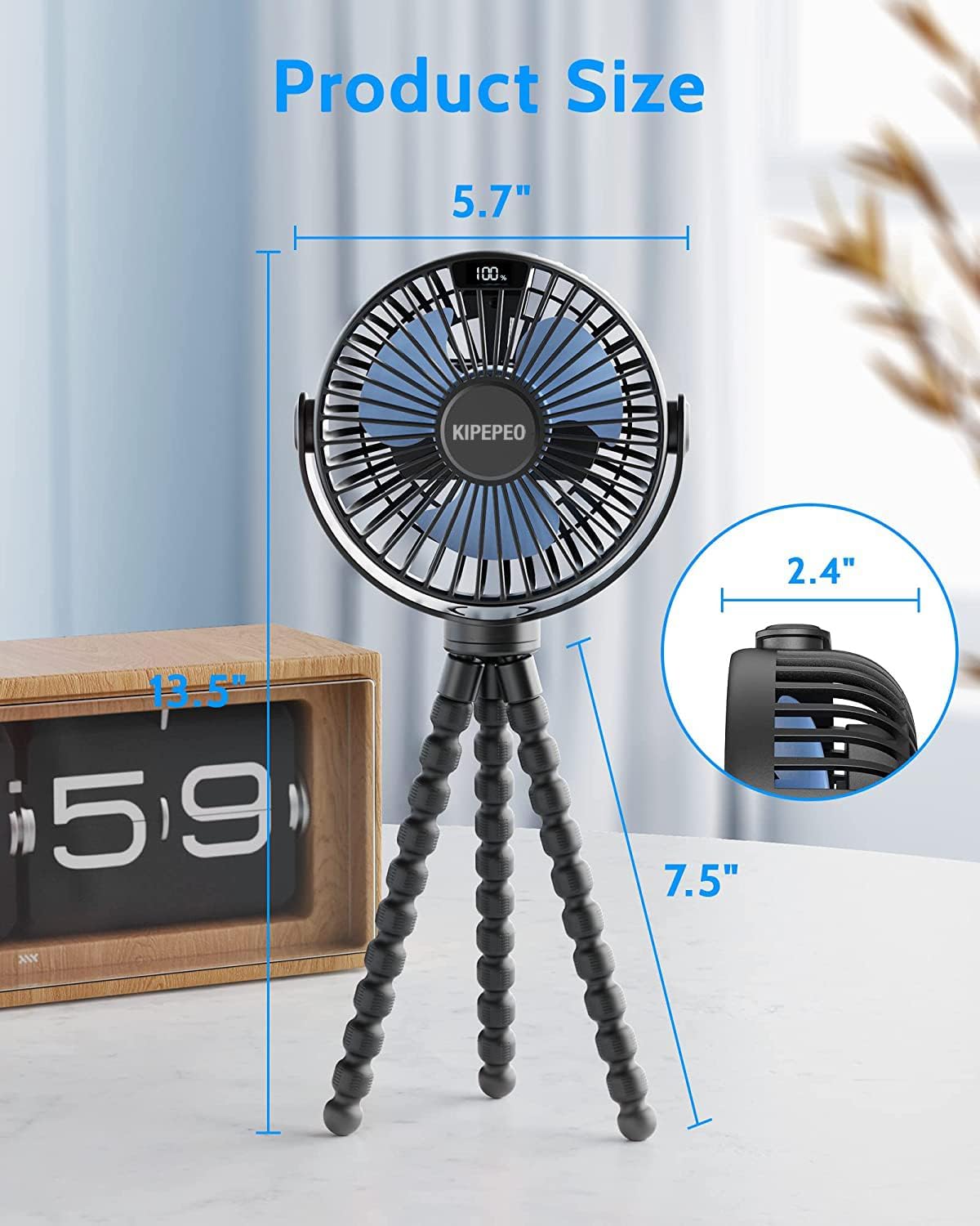 KIPEPEO Portable Baby Stroller Fan, Octopus Tripod, 4 Speed Rechargeable Small Personal Fan Handheld Desk Cooling For Car Seat Crib Treadmill Travel