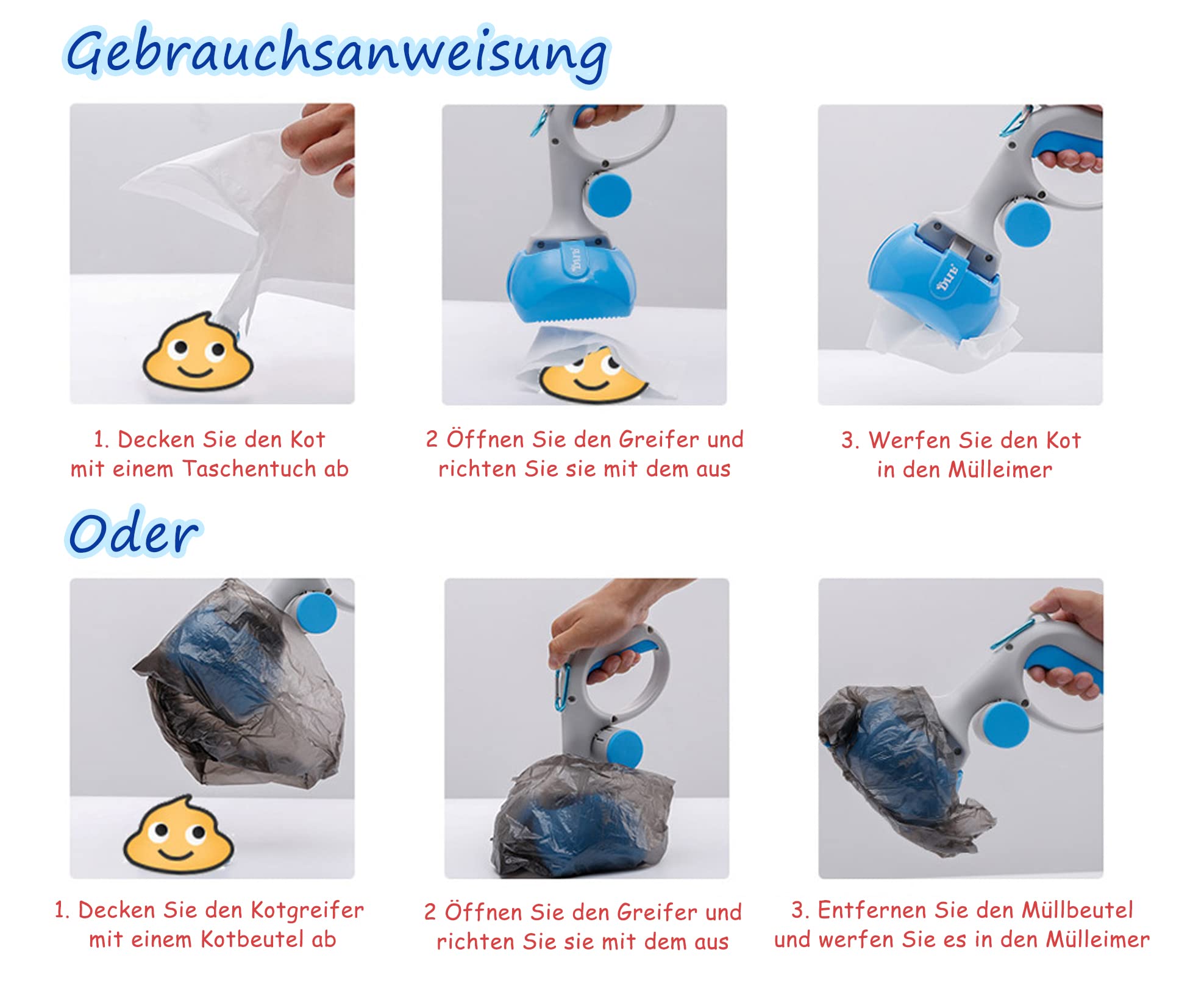 Hundekotgreifer mit Beutel Hundekotschaufel Set Tragbar Pooper Scooper Hundekot Aufsammler mit Tüte Greifer Hundekotbeutel Biologisch Abbaubar mit Hundekotbeutelspender für Haustier Hunde Katzen