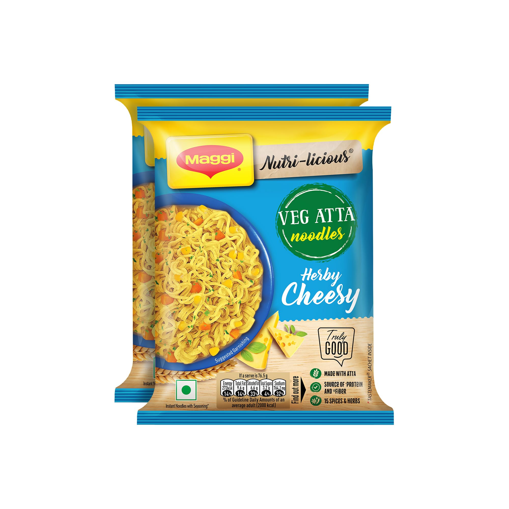 MAGGI Nutri-Licious Veg Atta Noodles Herby Cheesy, 153g (Pack of 2, 76.5 g each)