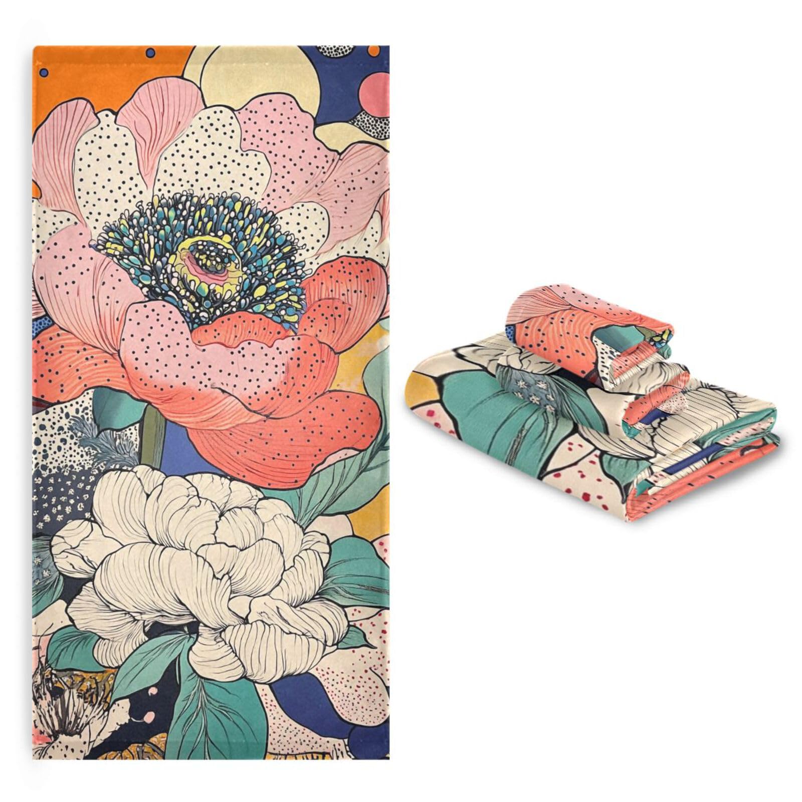 Set di 3 asciugamani colorati con fiori di peonia, 1 asciugamano da bagno, 1 asciugamano per le mani, 1 panno per cucina, bagno, yoga, palestra