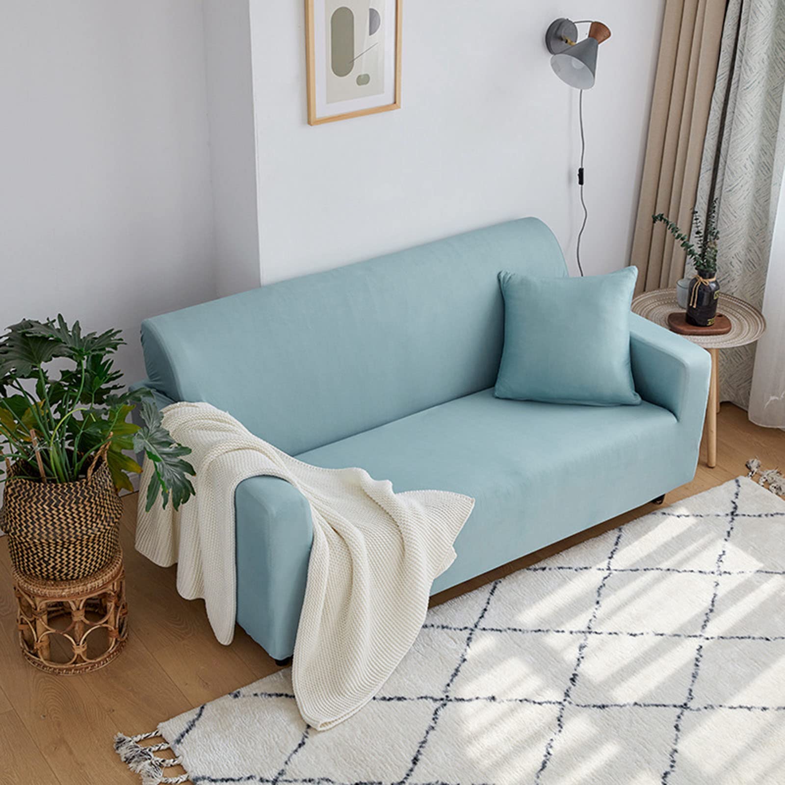 Housse de canapé extensible bleue 1 place 90-140 cm avec base élastique