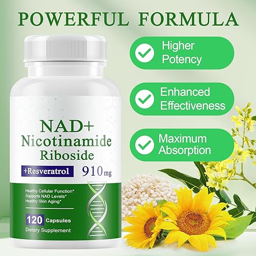 Miniatura 4 de Suplemento NAD, NAD nicotinamida ribósido resveratrol 910 mg, suplemento NAD de alta pureza para una función celular saludable, apoya los niveles