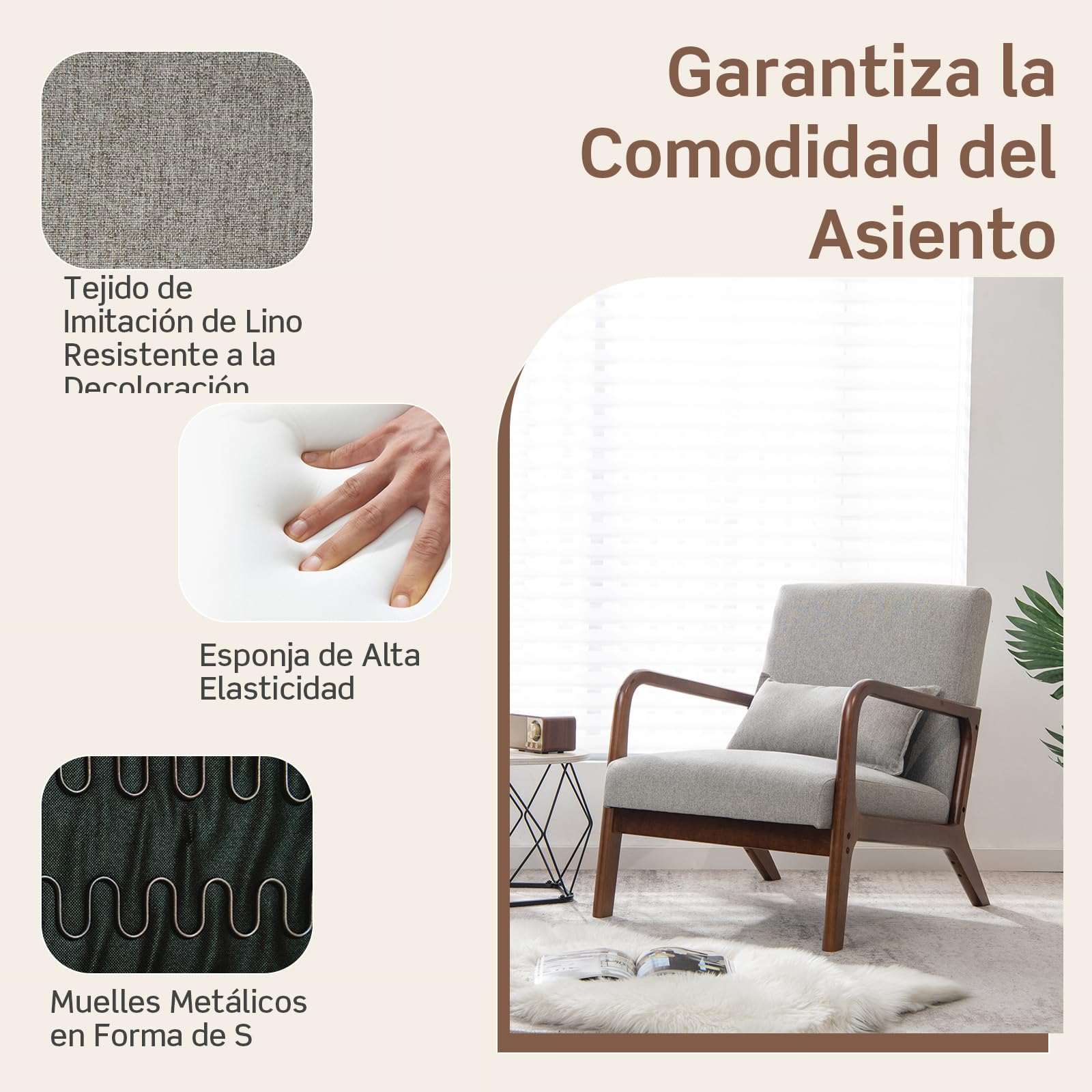 COSTWAY Silla Moderna de Madera, Butaca de Salon con Almohada Lumbar, Almohadillas de Fieltro Antideslizantes, Sillón de Lectura Tapizado en Tela, 79 x 65 x 77 cm (Gris)
