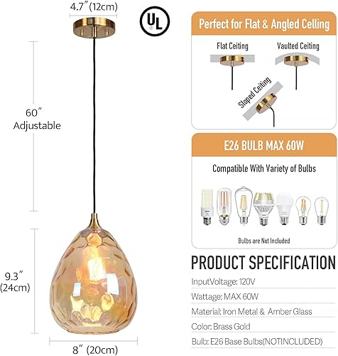 Miniatura 5 de Iluminación colgante dorada con pantalla de vidrio martillado ámbar, lámpara colgante Art Deco de 1 luz para isla de cocina, comedor, dormitorio