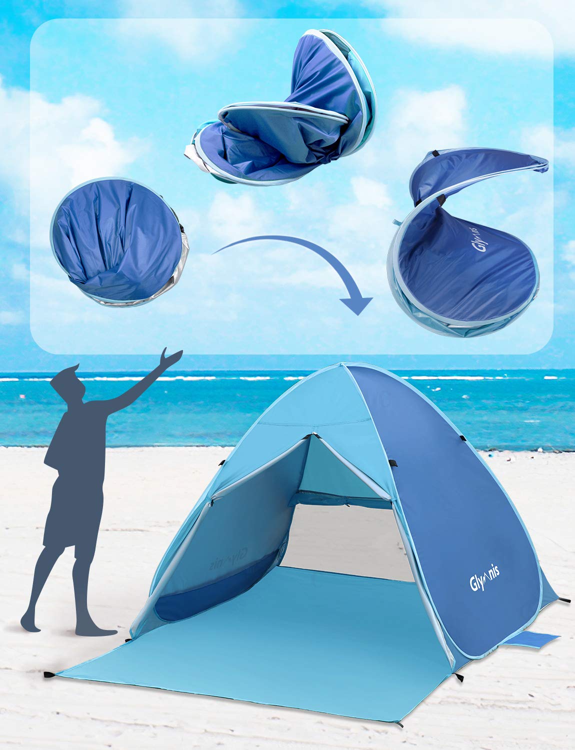 Tenda Spiaggia Glymnis Pop-Up UPF50+ - 185x140cm Con Cerniera Per 2-3 Persone - Foto 11