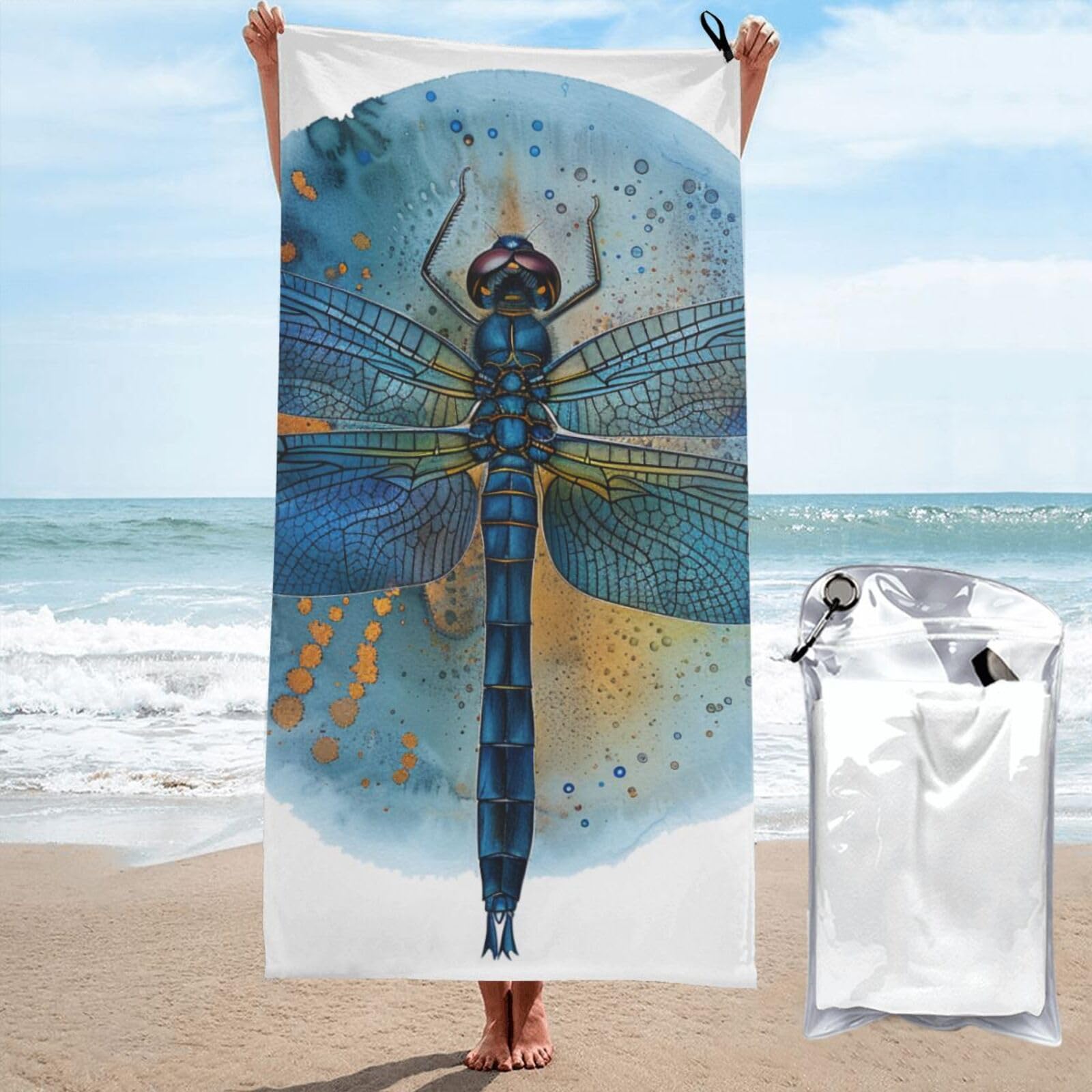kkvhhyuo Microfiber Beach Towel, Dragonfly Print Printed Lightweight Quick Dry Travel Bath Sheet with Compact Carry Bag for Swimming Yoga Camping Gym,31.5"x63"