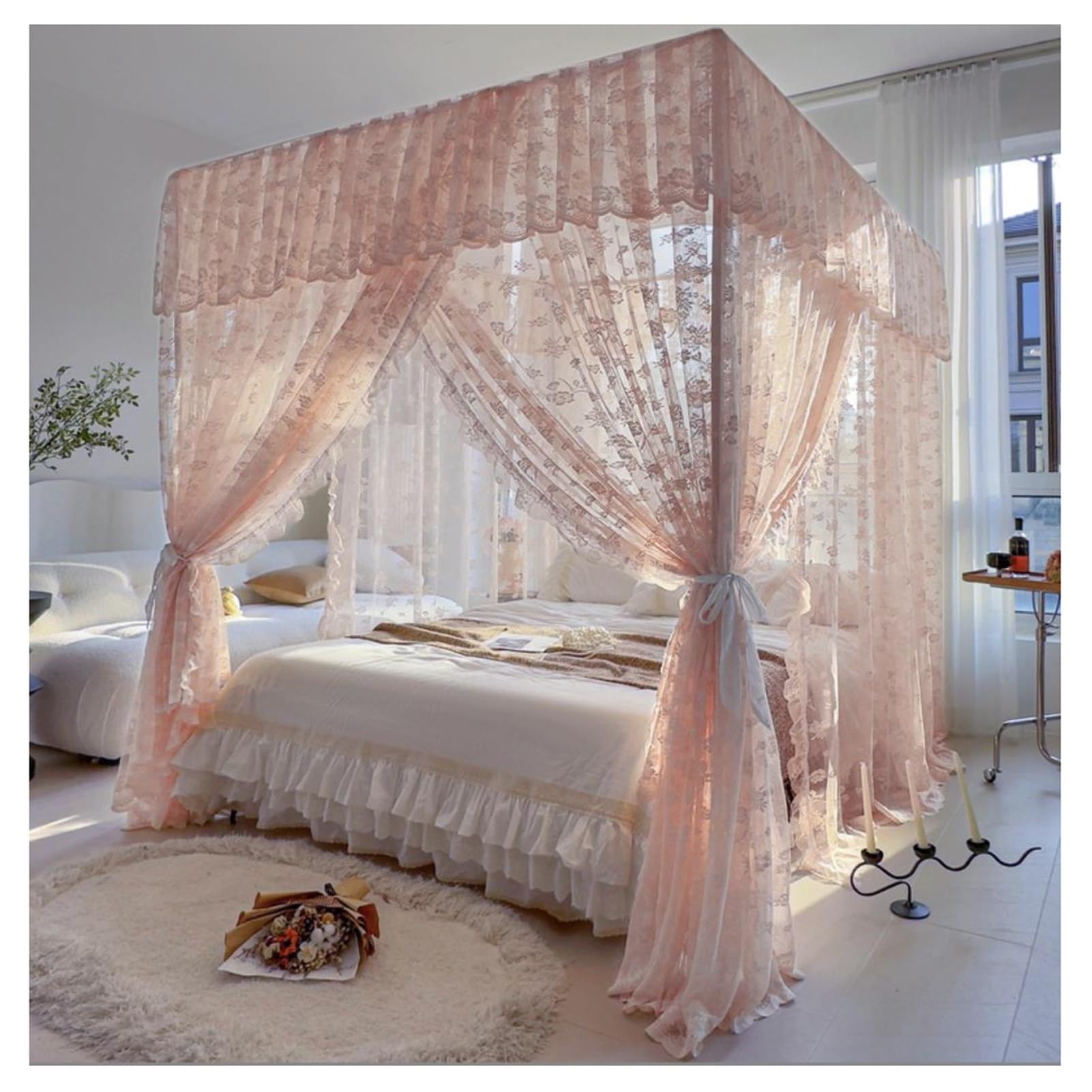Vnook 4 Corners Post Princess Canopy Bed Curtains Mosquito Net Bed Drapes Play Tents Room Decoration for Indoor Outdoor(Pink,150x200cm)