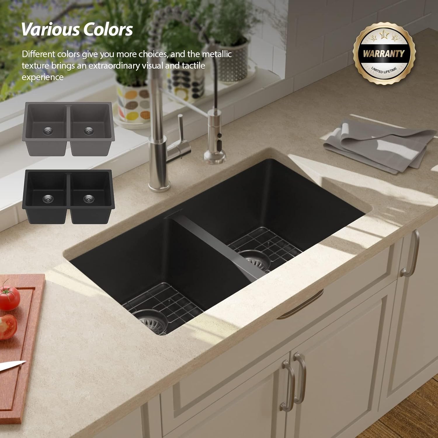 Lordear 31 Black Kitchen Sink Double Bowl Quartz Undermount Kitchen Sink Granite Composite Metallic Black Deep Double Bowl 50/50 Kitchen Sinks with Accessories