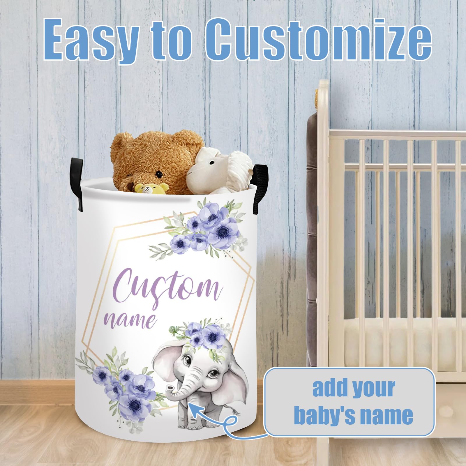 Rucekia Custom Elephant Laundry Basket for Kids, Personalized Name Baby Dirty Clothes Basket with Name and Handles, Customize Laundry Hamper, Personalized Laundry Basket for Nursery Girl